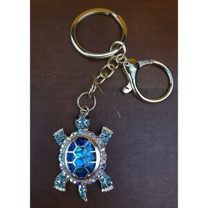 Turtle Ocean Blue Crystal Rhinestone Gold Tone Keychain Backpack Purse Clip